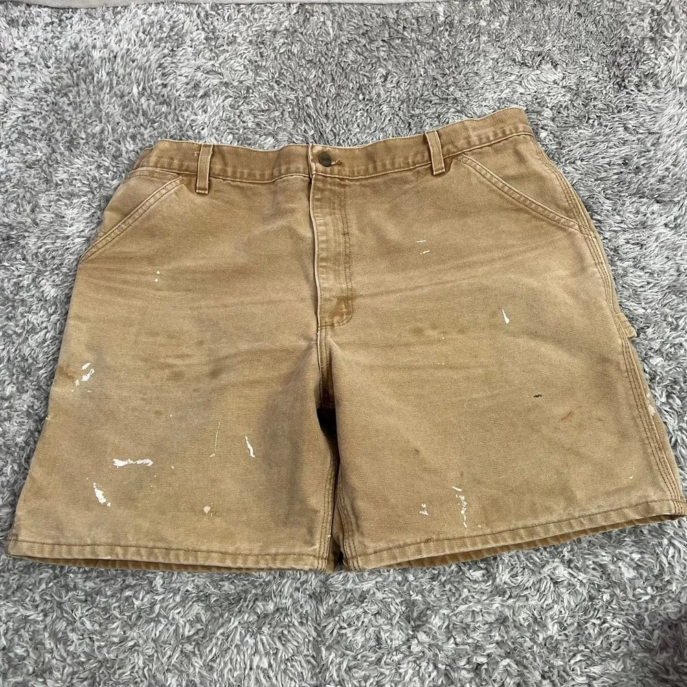 Vintage CARHARTT Carpenter Shorts Size 36 Tan Men's Canvas Workwear Big Patch